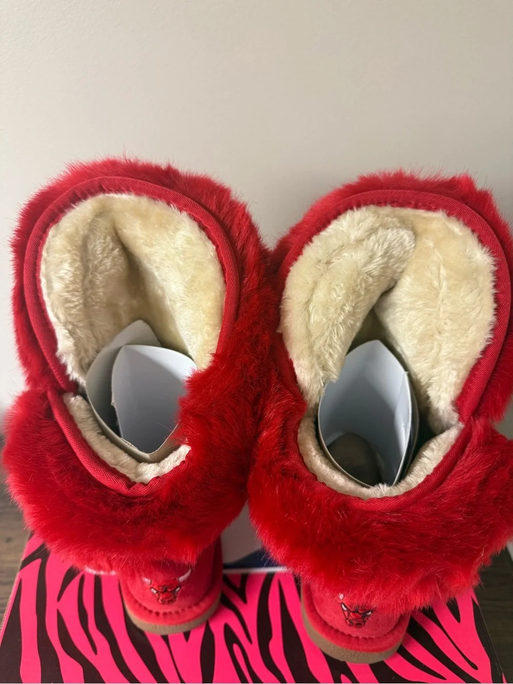 Red Faux Fur Winter Boots with Embroidered Bull Logo